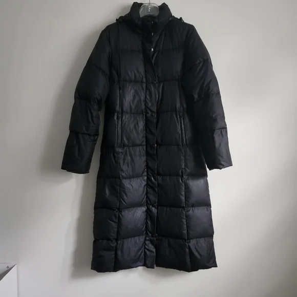 *SOLD* ROOTS down coat feathers long jacket black hood sz XS - Picture 2 of 9